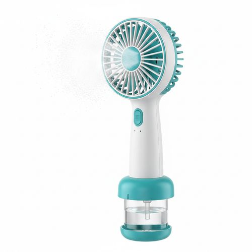Handheld misting fan with water bottle in white and teal