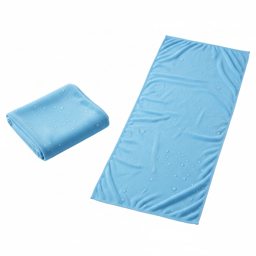 Instant Cooling Towel in light blue, folded and unfolded