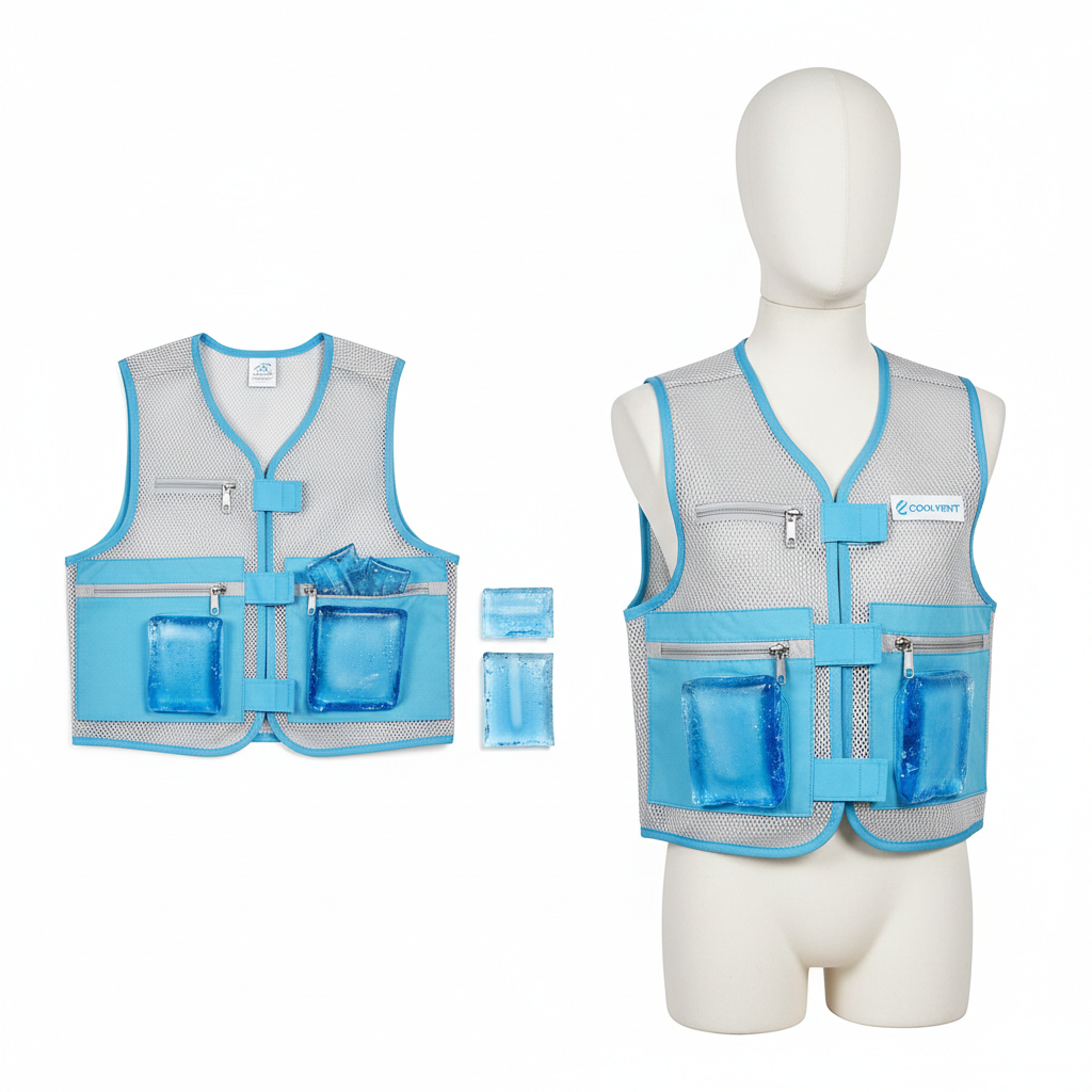 Lightweight ice cooling vest in gray and blue with ice pack inserts